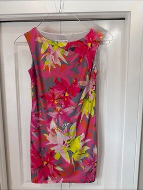 Trina Turk Pink Floral Sheath Dress with Neon Yellow Accents